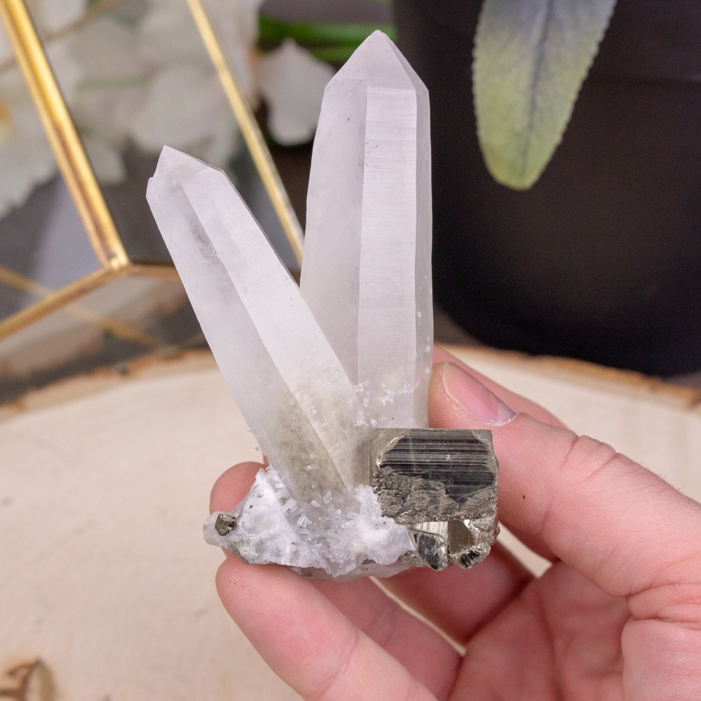 Twin Quartz Points with Pyrite Cube Base