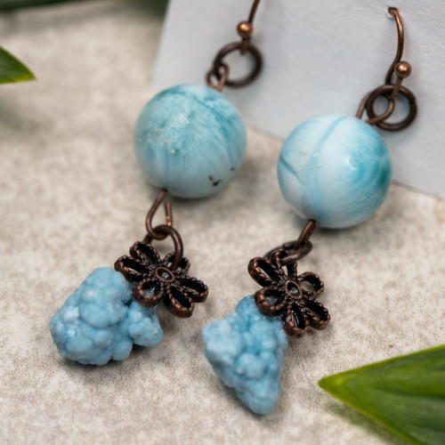 Raw Gibbsite & Polished Larimar Copper Dangle Earrings