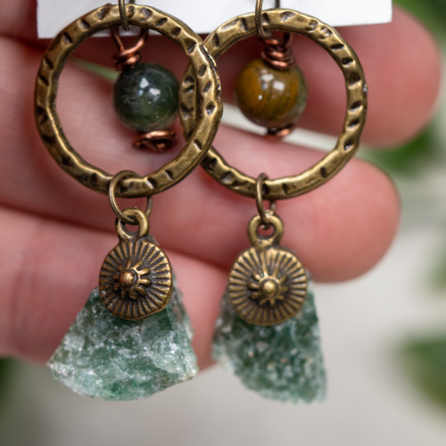 Raw Green Tanzurine w Polychrome Japser Copper Dangle Earrings