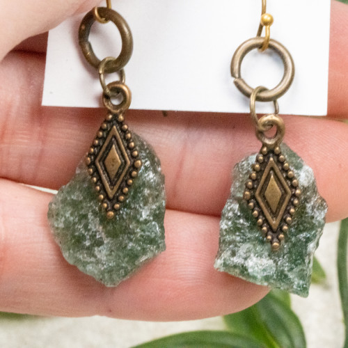 Raw Green Tanzurine Copper Dangle Earrings