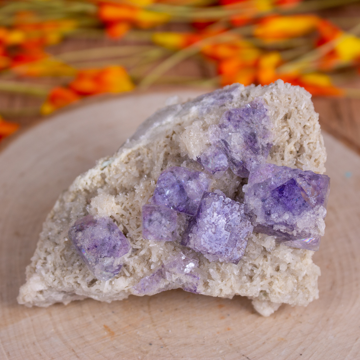 Purple Fluorite on druzy Quartz with Pryite cubes