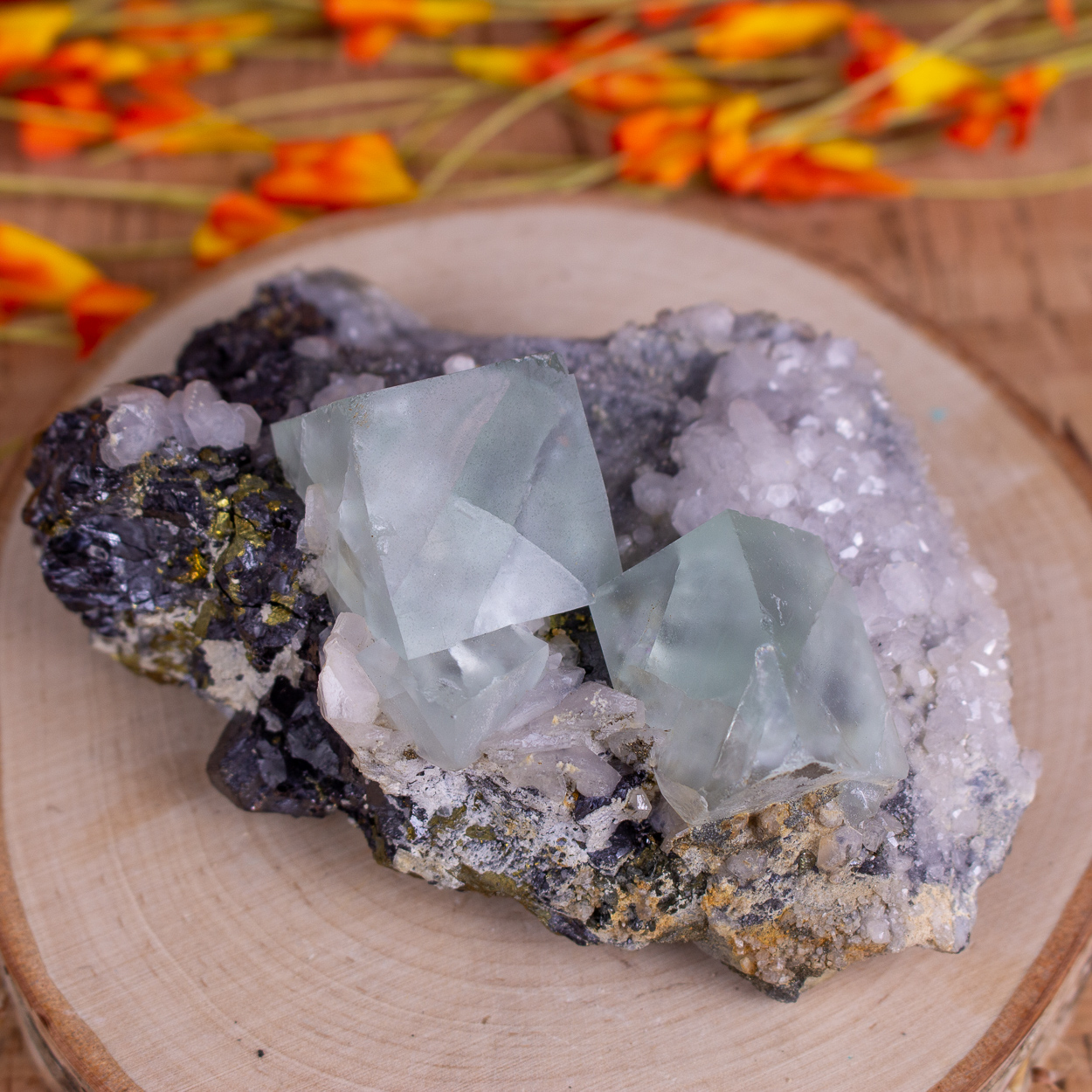 Green Fluorite with Sphalerite and Quartz on matrix