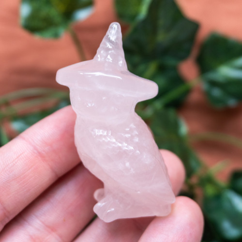 Rose Quartz Owl With Witch Hat