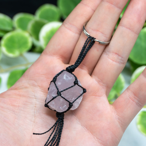 Rose Quartz Black Corded Keychain