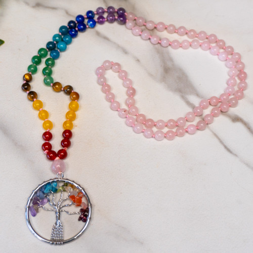 Rose Quartz Tree of Life Mala Necklace