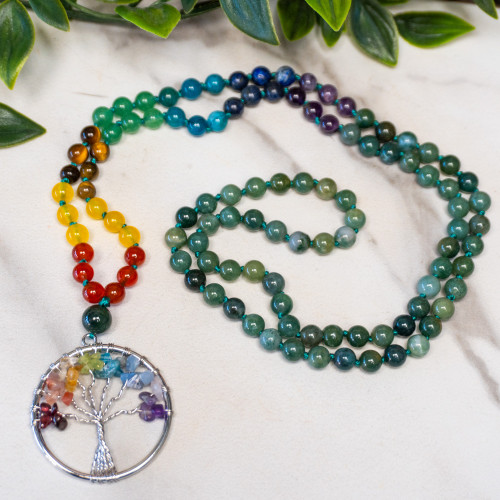 Moss Agate Tree of Life Mala Necklace