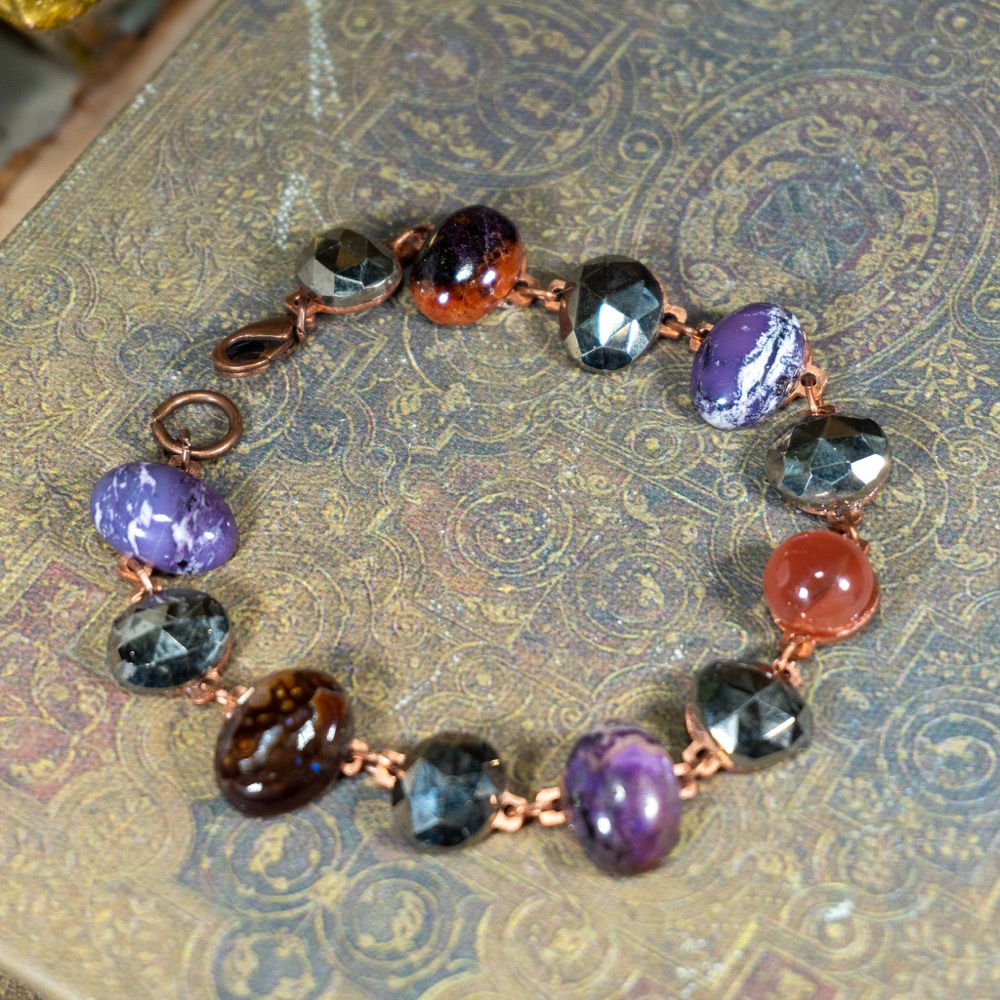 Pyrite, Sugilite, Carnelian Faceted Bracelet