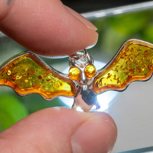 Baltic Amber Winged Bat Large Silver Pendant #1