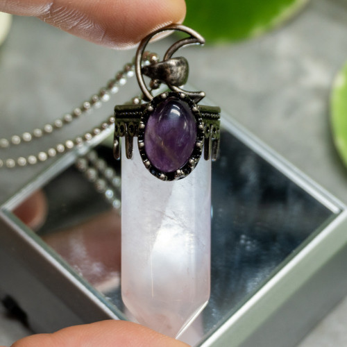 Rose Quartz Polished Point with Amethyst and Moon Necklace