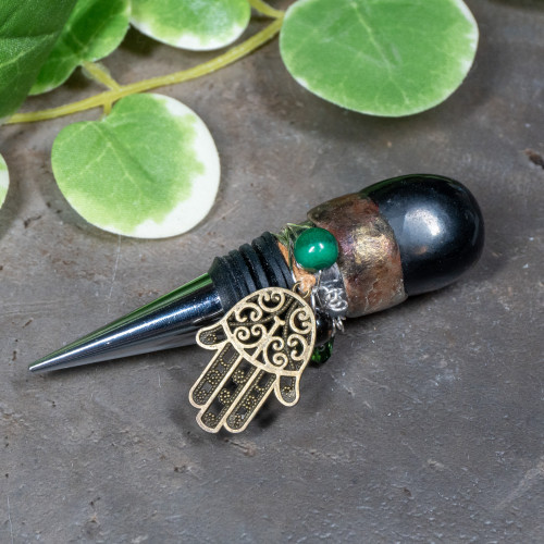 Black Onyx, Malachite, Smoky Quartz & Titanium Quartz Wine Stopper with Hamsa  #1