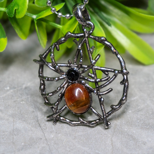 Tiger Eye and Obsidian Spider Web Necklace