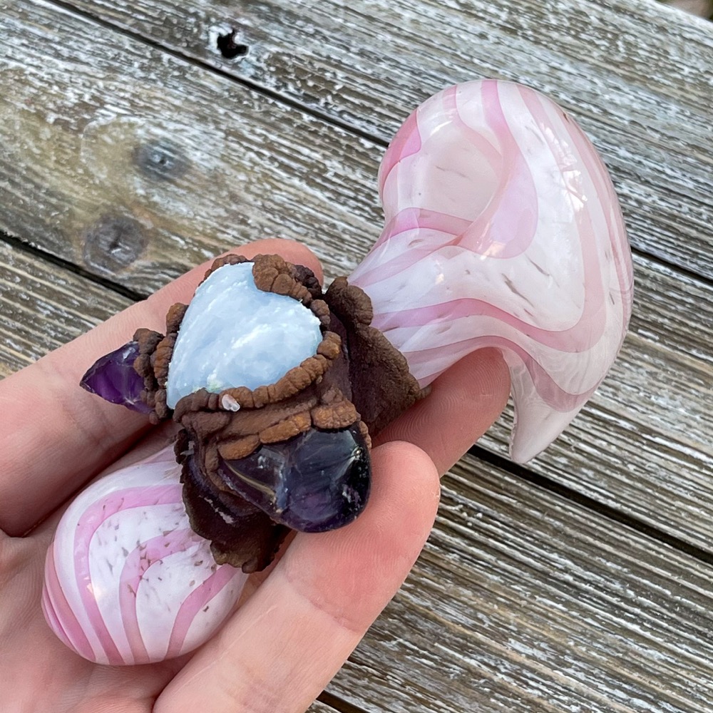 Blue Calcite Heart and Amethyst Smoking Bowl