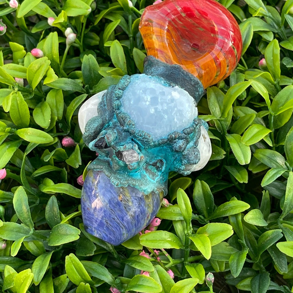 Blue Calcite Heart, Rainbow Moonstone, Amethyst Smoking Bowl