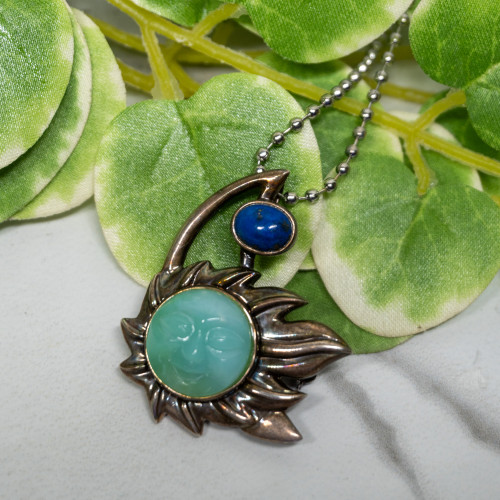 Lapis Lazuli and Green Aventurine Sun Face Necklace and Pin