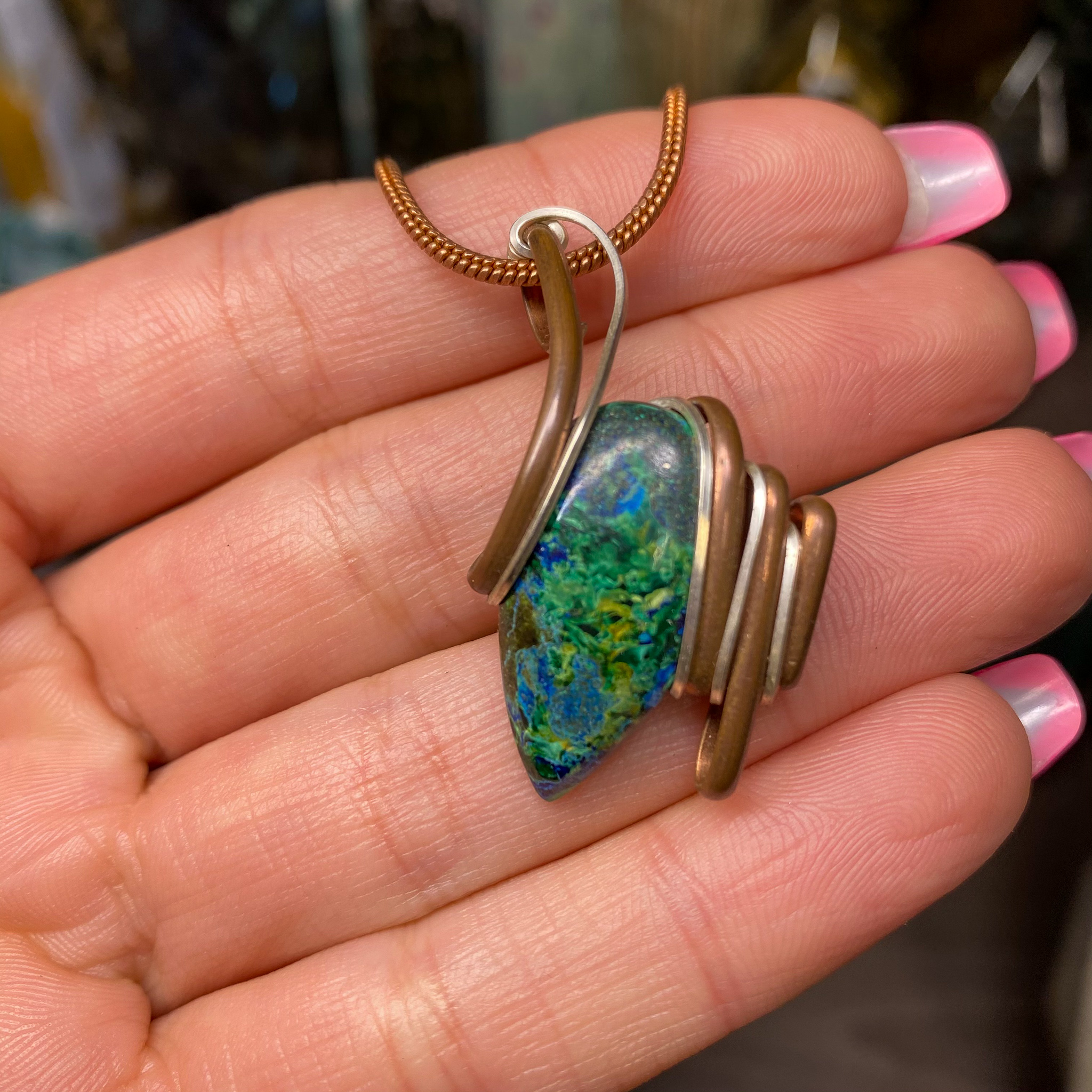 Malachite over Azurite Wire Wrap #2 (Copper & Silver)