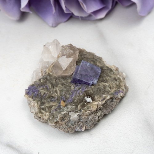 Purple Fluorite with Quartz on Mica #1