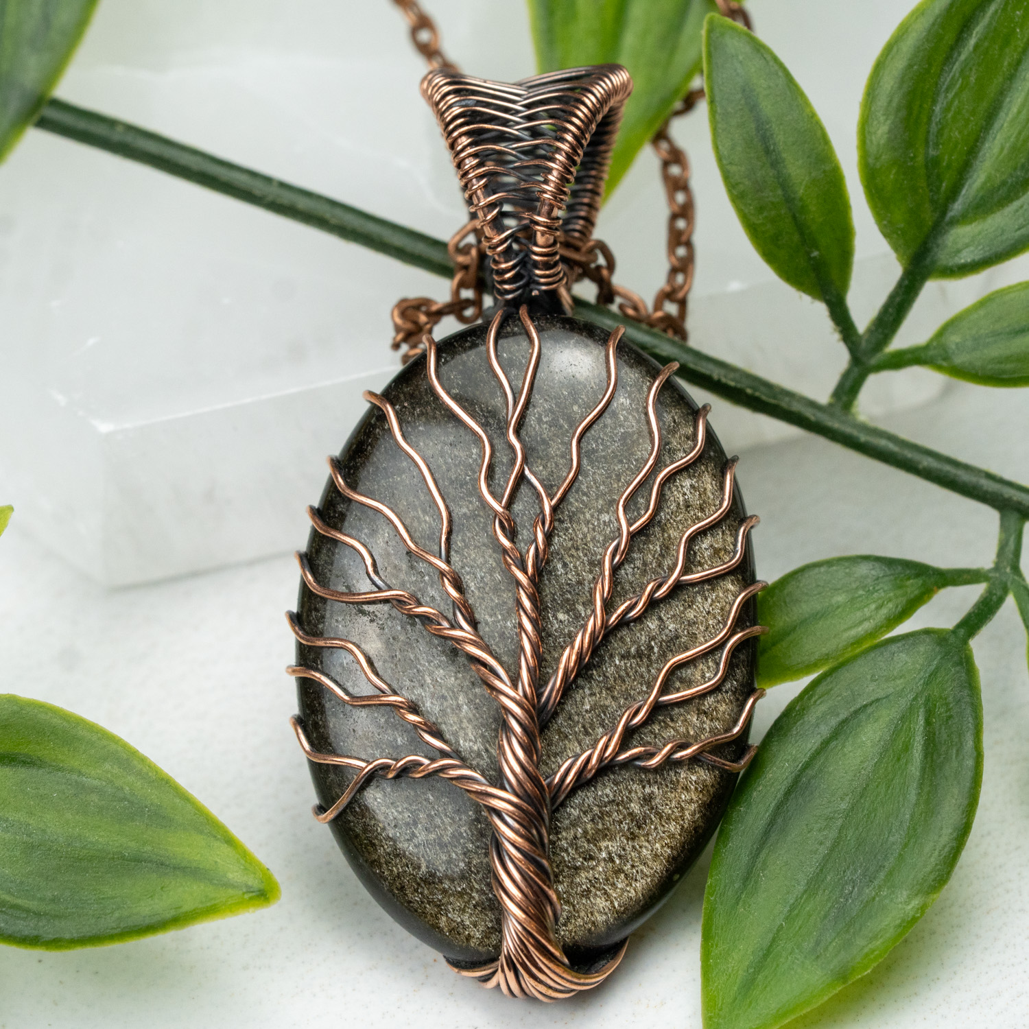 Golden Sheen Obsidian Tree of Life Necklace #1