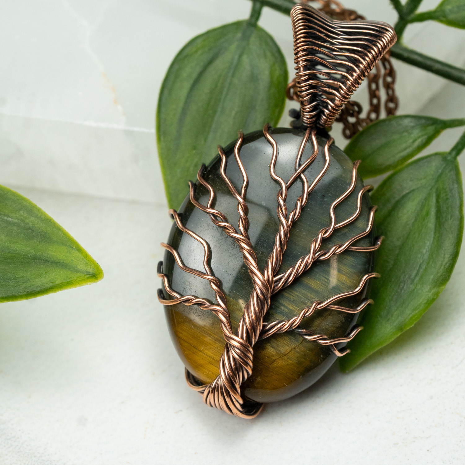 Blue & Gold Tiger Eye Tree of Life Necklace #1